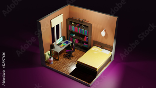 Three dimensional render of corner of furnished bedroom with small desk and work space in 3d
