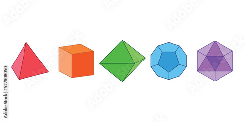 Nets of platonic solids. Tetrahedron Cube Octahedron Dodecahedron Icosahedron photo