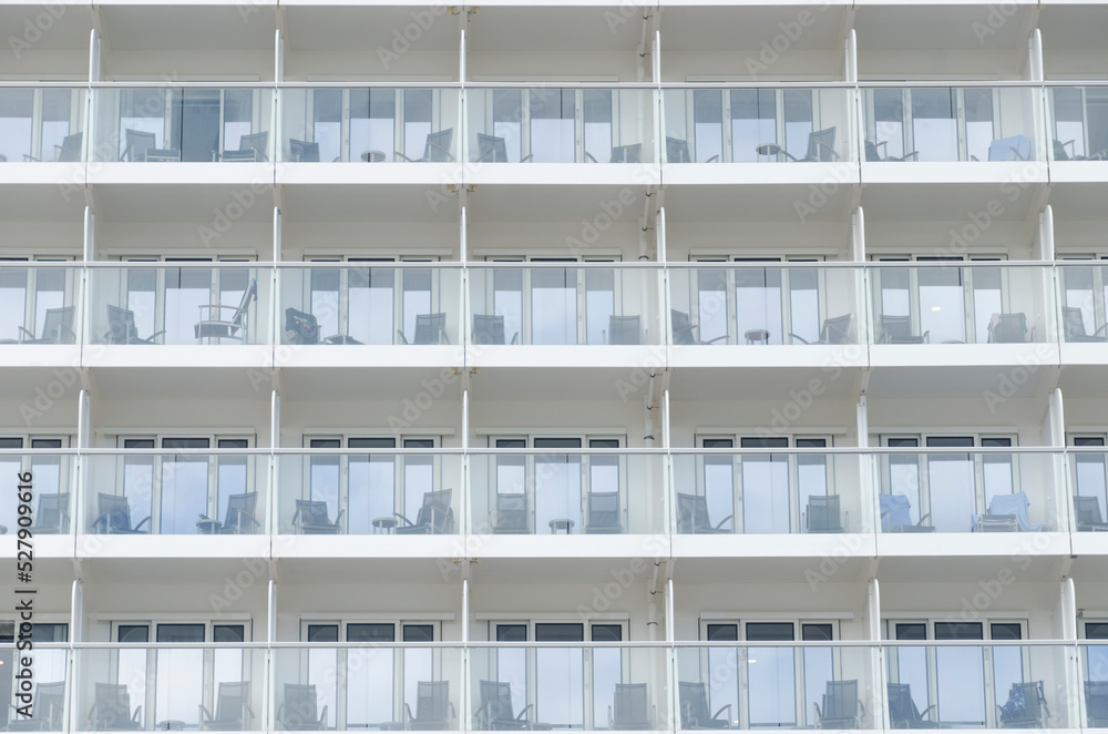 Full frame shot of cabin balconies of an ocean liner or cruise ship Full frame shot of cabin balconies of an ocean liner or cruise ship