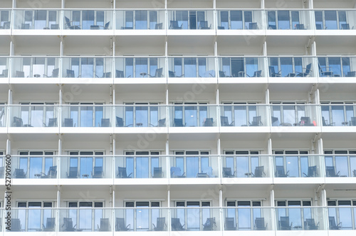 Full frame shot of cabin balconies of an ocean liner or cruise ship