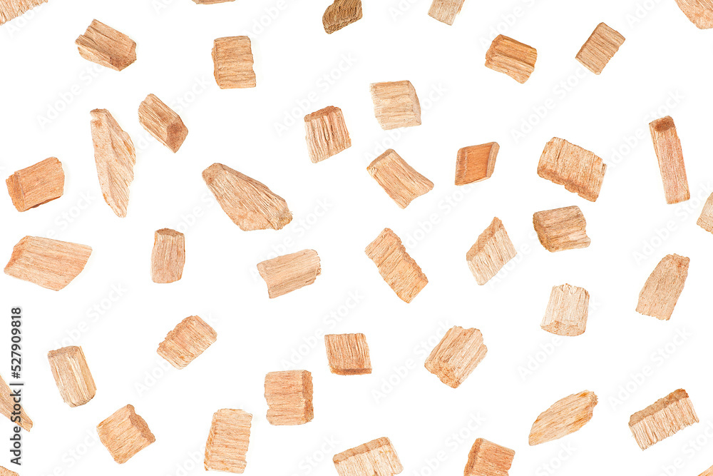 Wooden smoking chips isolated on a white background, top view. Apple tree. Wooden smoking chips isolated on a white background, top view. Apple tree.