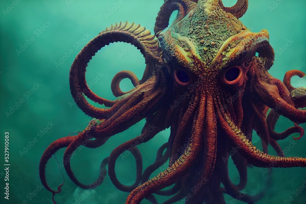 Dark fantasy scene, Cthulhu, sea monster in the depths of the sea. Digital art, 3D rendering.