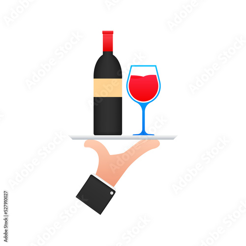 Wine waiter in flat style on red background. Vector illustration, flat. Hand drawn illustration. Sketch drawing. Vector wine glass icon. © DG-Studio