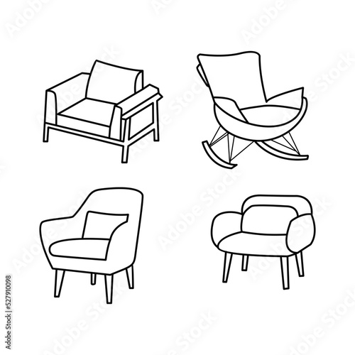 Front view sofa chair icons arranged in thin line style. Minimalist chair icon set
