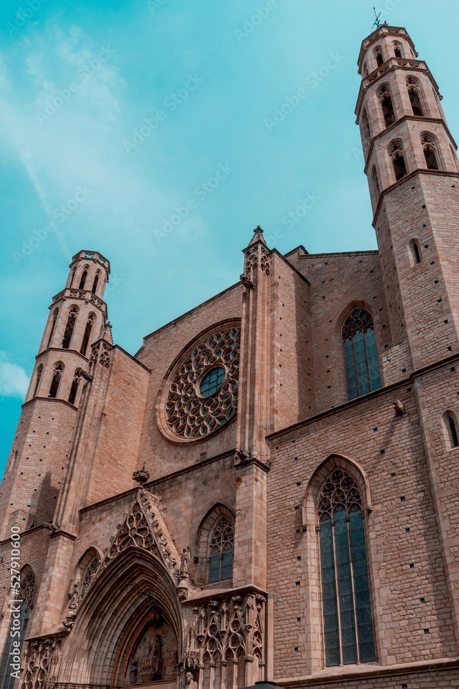 Barcelona, Spain - August 18, 2022. Church of Santa Maria del Mar is a minor basilica located in the city of Barcelona, Catalonia, Spain. It was built between 1329 and 1383.