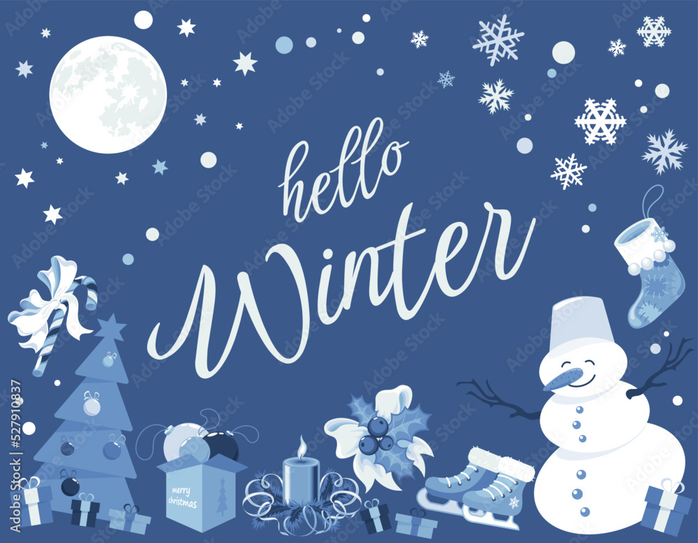 Hello winter card with traditional elements of winter holidays and vacations on dark blue background with moon, stars and snowflakes