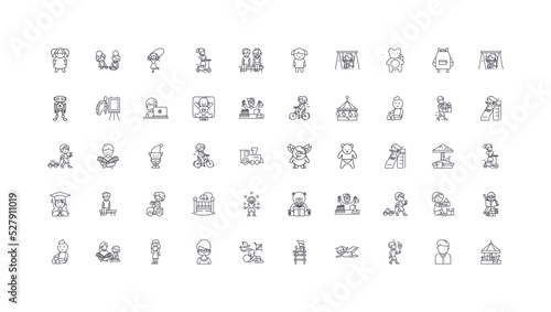 Children concept illustration, linear icons, line signs set, vector collection