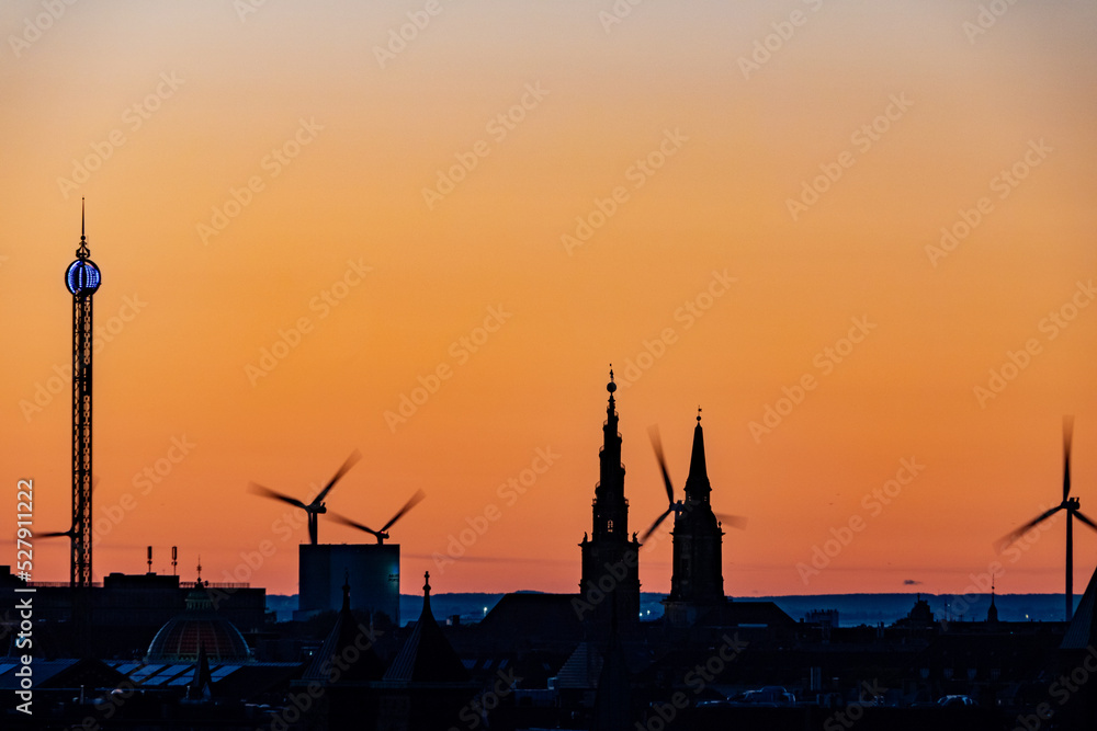 Copenhagen, Denmark The skyline at dawn from the Frederiksberg district and wind turbines,