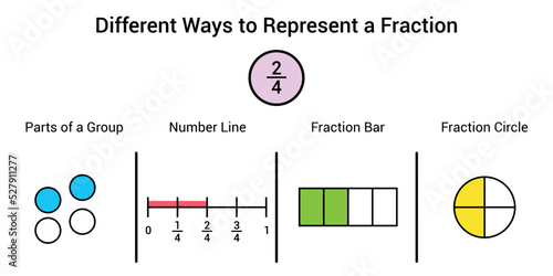 Different ways to represent a fraction in mathematics. Parts of group, number line, fraction bar and fraction circle of two quarters