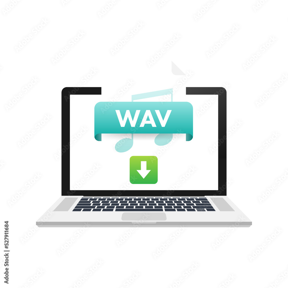 Download WAV button on laptop screen. Downloading document concept. File with WAV label and down arrow sign. Download WAV button on laptop screen. Downloading document concept. File with WAV label and down arrow sign.