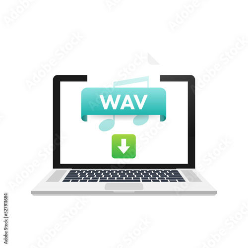Download WAV button on laptop screen. Downloading document concept. File with WAV label and down arrow sign.