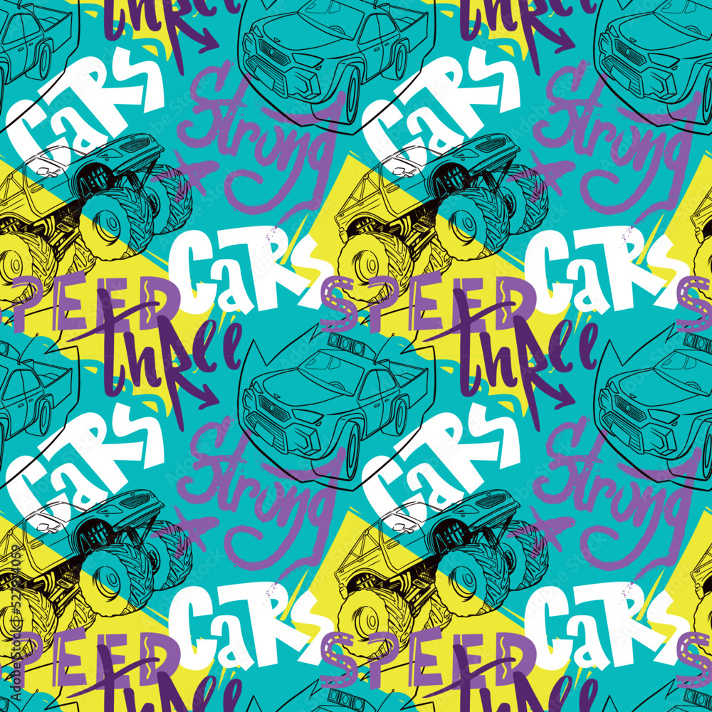 Fototapeta premium Abstract seamless cars pattern for boy on background. Childish style wheel auto repeated backdrop