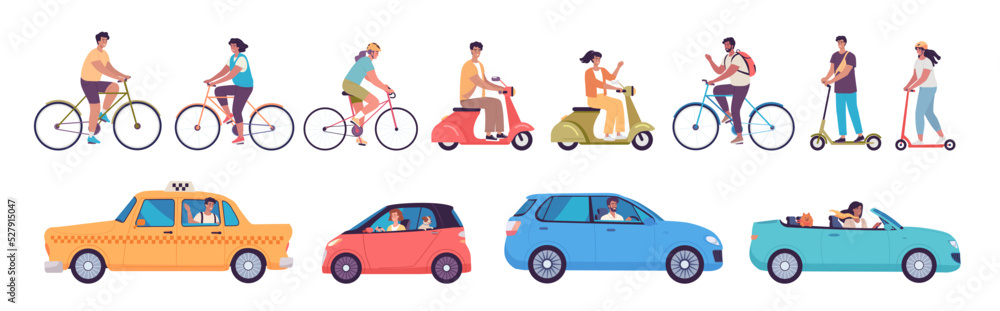 Modern people ride bicycles, scooters and drive cars. Colorful transport vector illustration Modern people ride bicycles, scooters and drive cars. Colorful transport vector illustration
