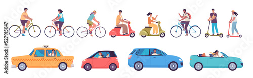 Modern people ride bicycles, scooters and drive cars. Colorful transport vector illustration © HilaryDesign