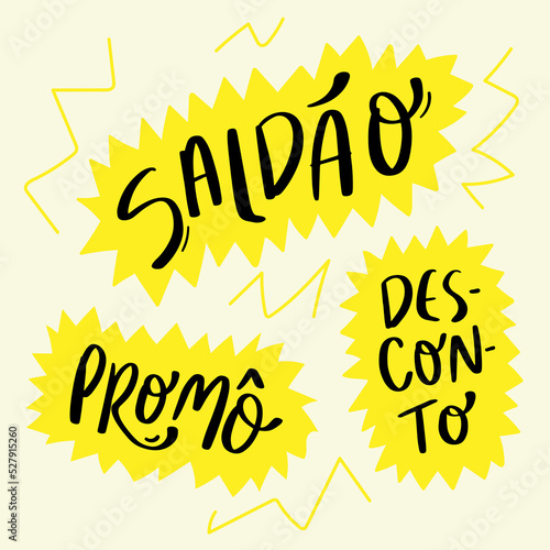 stickers saldo, discount and promo in porgugures do brasil. modern in hand calligraphy.