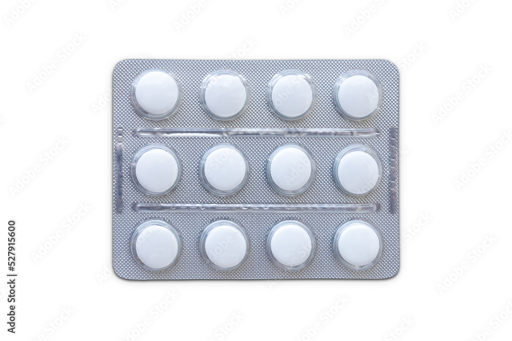 Medical blister packs with pills isolated on white. - obrazy, fototapety, plakaty 