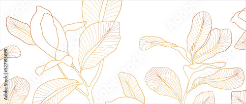 Luxury golden nature vector background. Floral pattern, golden tropical plant with line art style design for wall art, greeting cards, wallpaper and print. Previous illustration.
