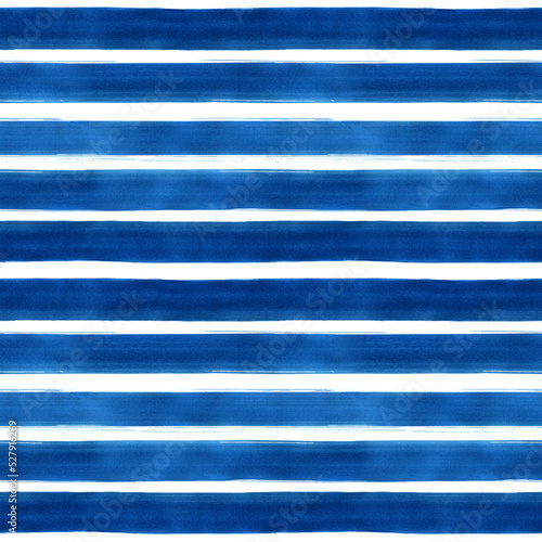 Watercolor blue stripes on a white background. Seamless pattern for wrapping design and fabric. Horizontal watercolor stripes. 