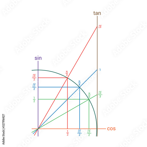 Trigonometric unit circle. Sine, cosine and tangent