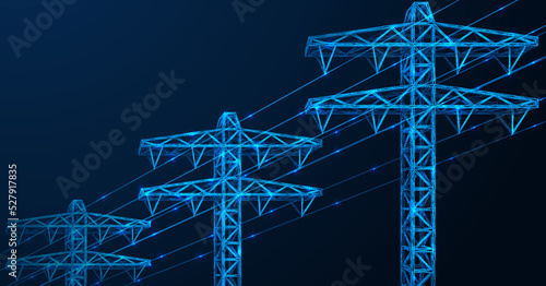 High-voltage power lines. Electric towers connected by wires. Low-poly design. Blue background.
