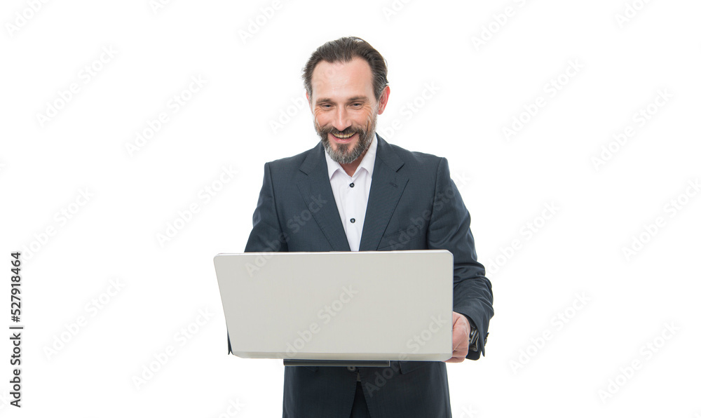 Happy man working on laptop studio. Businessman running business online Happy man working on laptop studio. Businessman running business online