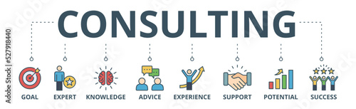 Consulting banner web icon vector illustration concept for business consultation with an icon of goals, expert, knowledge, advice, experience, support, potential, and success