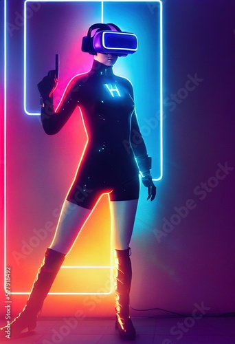 Fotografie Realistic portrait of a sci-fi neon cyberpunk girl in a cyber suit