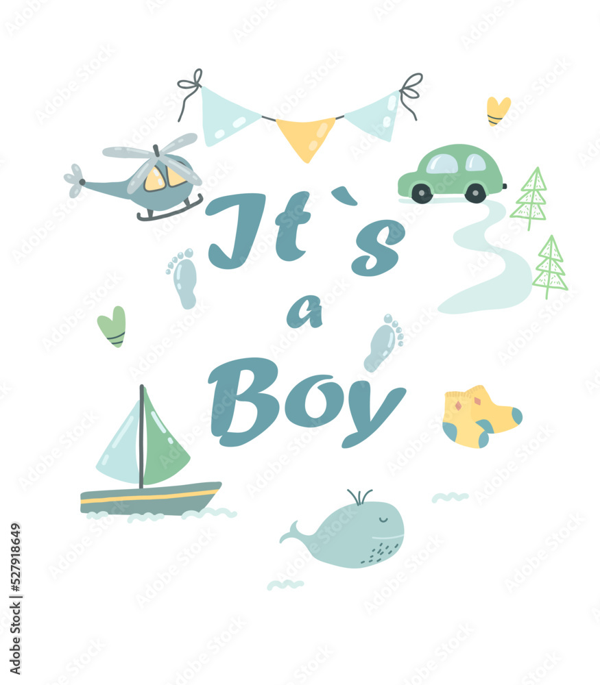Naklejka premium Gender party illustration. Postcard for a boy. son's birthday.Blue elements, car, helicopter. Decor for a gender party.