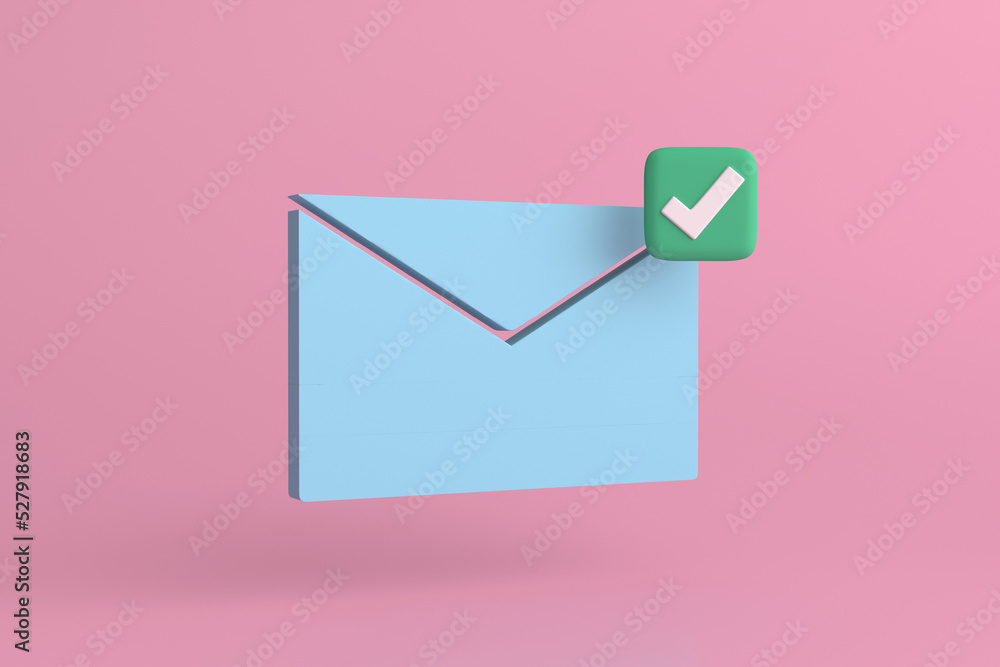 Check mark mail icon. Approvement concept on pink back ground. 3d illustration.. Check mark mail icon. Approvement concept on pink back ground. 3d illustration..