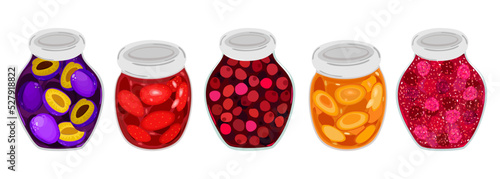 Vector collection of various jams, plum, strawberry, cherry, apricot and raspberry, in glass jars.