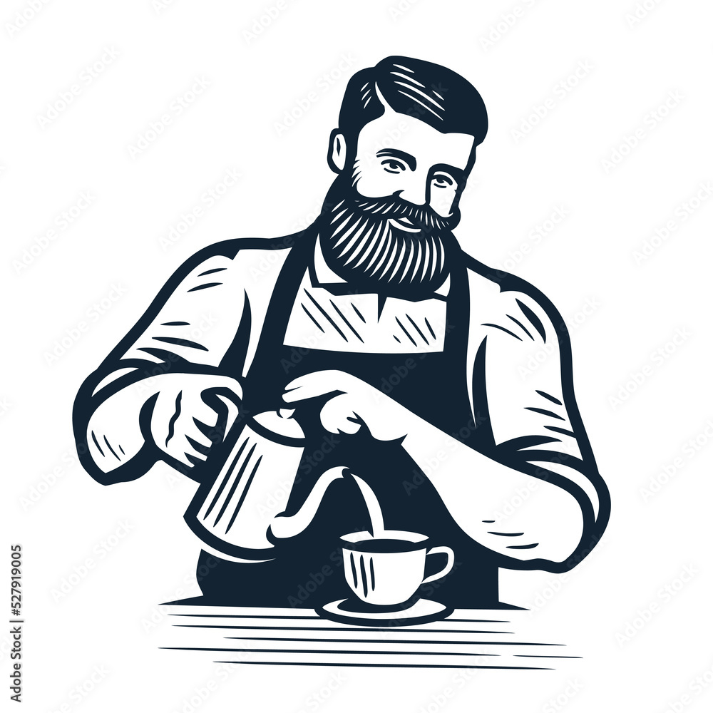 Barista pours cream into coffee cup. Design element for restaurant or cafe menu. Making craft coffee drink vector Barista pours cream into coffee cup. Design element for restaurant or cafe menu. Making craft coffee drink vector