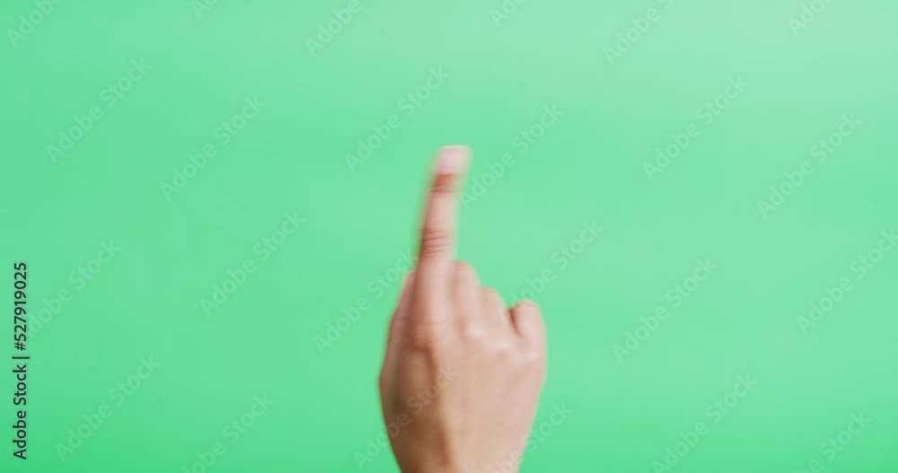 Hand, zoom and touch on digital, cyber or touchscreen against a green background on app, website or augmented reality game. Virtual reality, green screen and interface with woman swipe