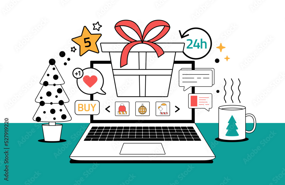 Fototapeta premium Christmas gift shopping online outline style concept. Christmas online shopping. Line cartoon vector illustration with computer screen with gift box