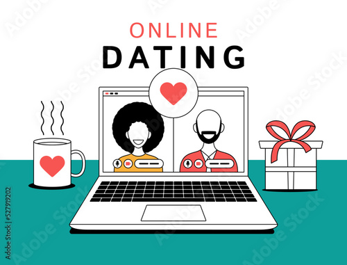 Online dating concept. Young people finding partners on dating website. Happy couple using computer for online video chat. Vector illustration for social media, love, romance concept