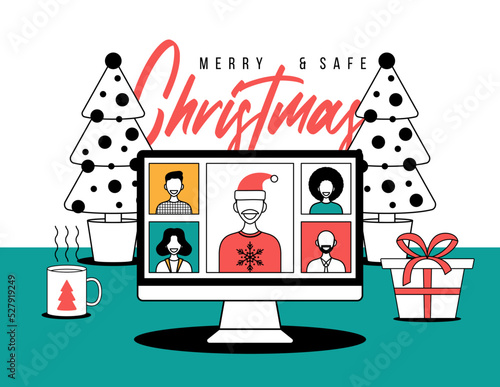 Christmas online greeting in outline style. people meeting online together with family or friends video calling on computer virtual discussion. Group of people meeting via videoconference on xmas