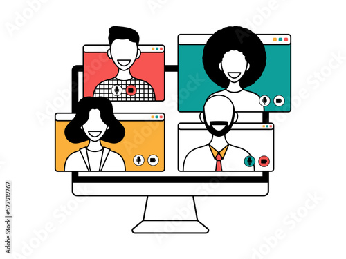 Online video conference concept. Illustration of Faces on Video Conference Call Screen. people connect together, learning or meeting online with teleconference