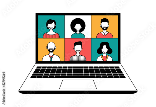 Online video conference concept. Illustration of Faces on Video Conference Call Screen. people connect together, learning or meeting online with teleconference