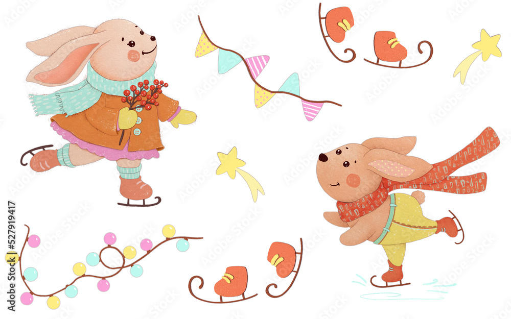 Christmas and New year’s seamless pattern with cute skating bunnies and garlands, stars, skates. Merry Christmas! Christmas and New year’s seamless pattern with cute skating bunnies and garlands, stars, skates. Merry Christmas!