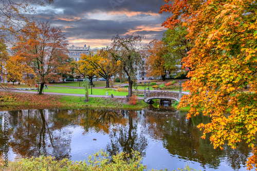 Autumnal evening in central public park of Riga - the capital city of Latvia
