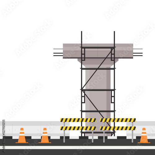 Road side vector. Scaffolding vector. Bridge pillar. Construction. Bridge posts under construction. Road fence.  Bridge over the way. Barricade block vector.