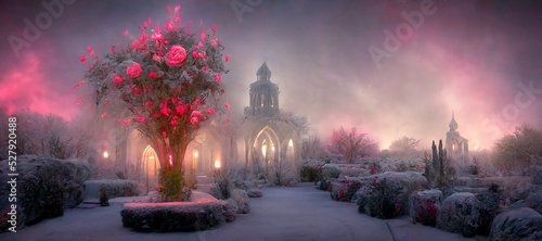 Foto Tall crystal magic of the rose church garden Frozen Digital Art Illustration Pai