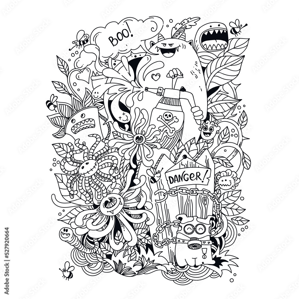 Garden of Monsters. Insect repellent treatment. Coloring page for adult. Vector illustration.