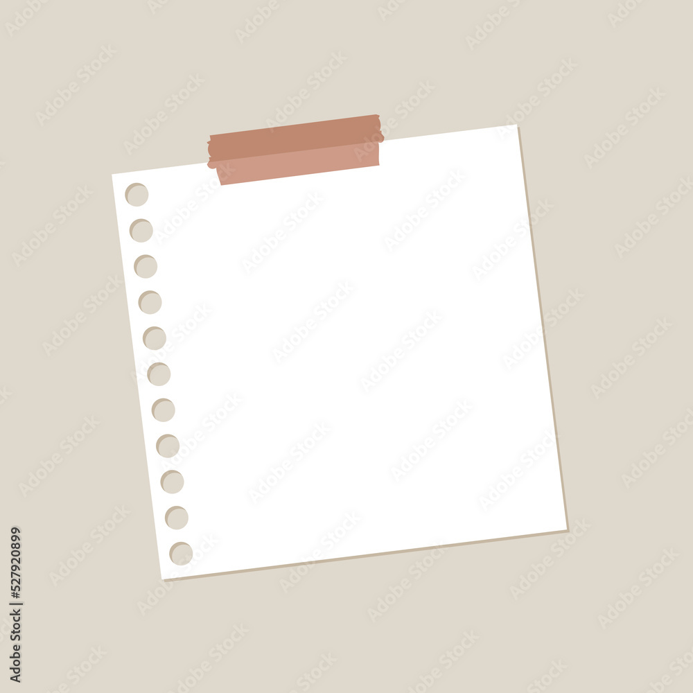 Notebook paper piec stuck with sticky tape. Cute blank sticky note. Vector illustration.