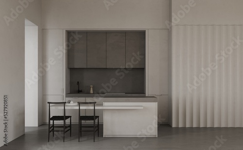 Minimalistic white kitchen interior design with sink  furniture  utensils and decor. Kitchen concrete tiles. Kitchen island with contemporary chairs. 3d rendering illustration mockup.