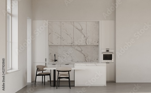 Canvas Print Minimalistic white kitchen interior design with sink, furniture, utensils and decor