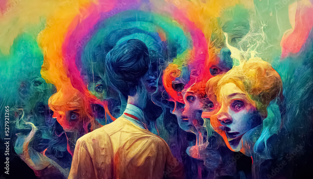 Psychedelic trippy LSD or magic mushrooms hallucinations hippie concept design. 3D illustration.