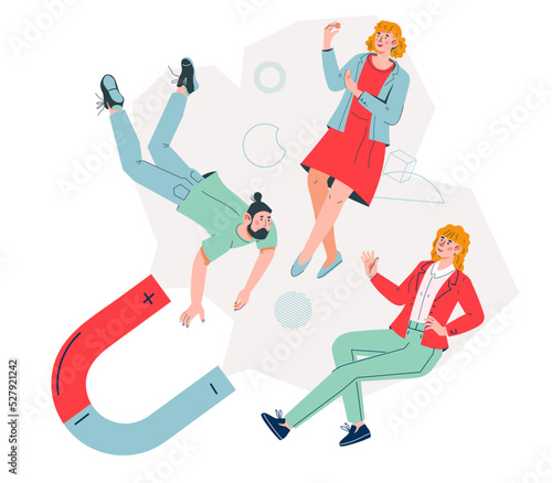 Marketing and SMM management strategy of clients attraction. Business concept with people attracted by the force of a magnet, flat cartoon vector illustration isolated on white background.
