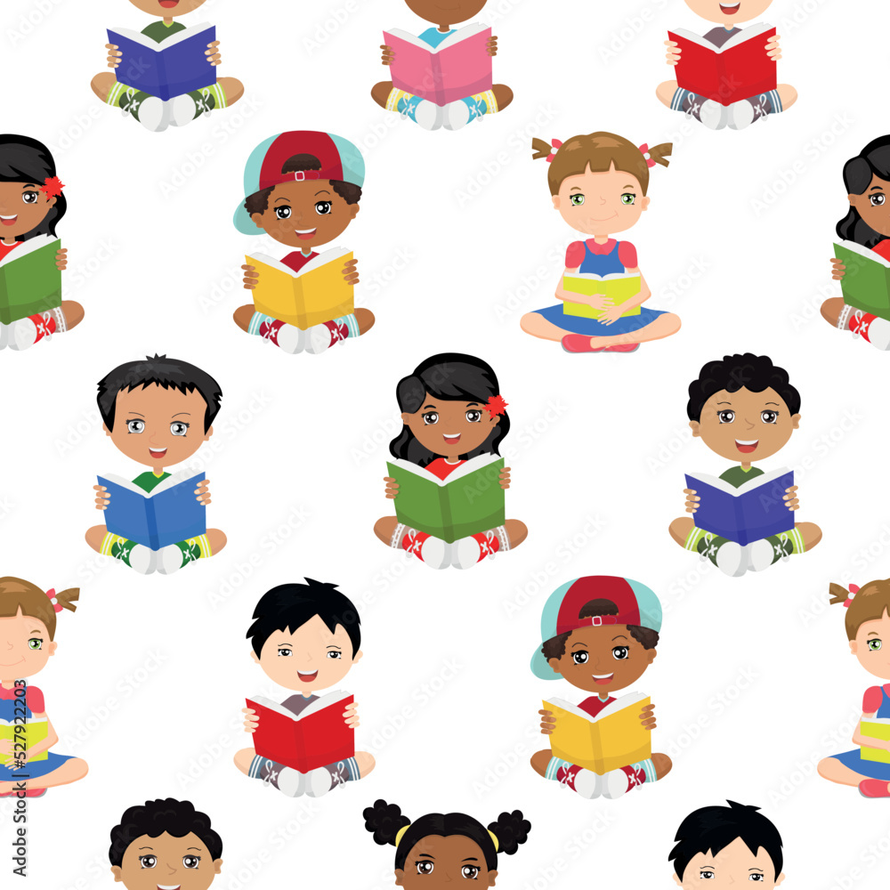 Bright seamless pattern with children of different ethnicities and races who read books. Print for textile, wallpaper, covers, surface. For fashion fabric.