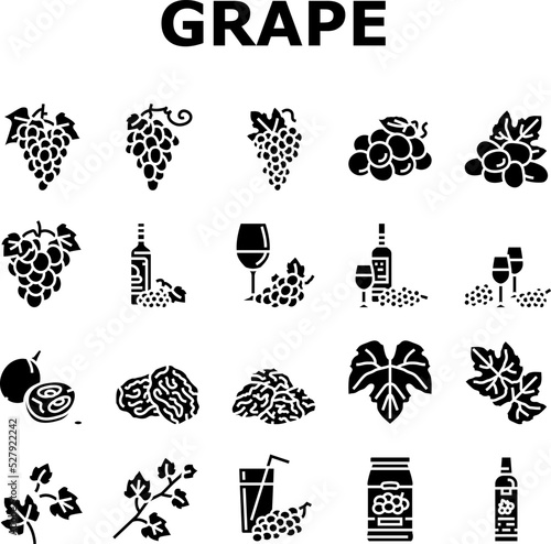 grape wine bunch fruit green icons set vector. leaf vine, fresh food, red vineyard, grapevine juice berry, purple organic plant grape wine bunch fruit green glyph pictogram Illustrations