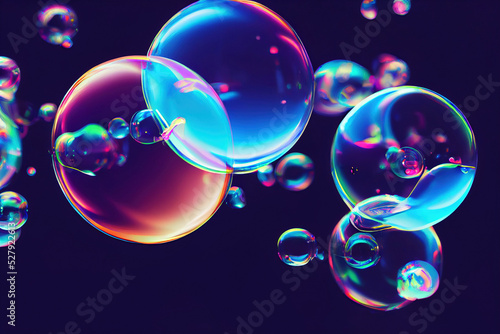 Dreamy neon bubbles, holographic bright soapy bubbles, glossy colorful liquids, 3d illustration